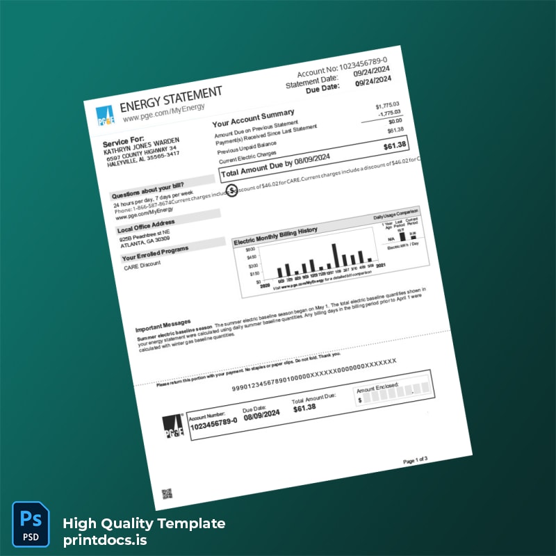 United States Pacific Gas And Electric Company Editable Bank Statement Template in Word and PDF formats