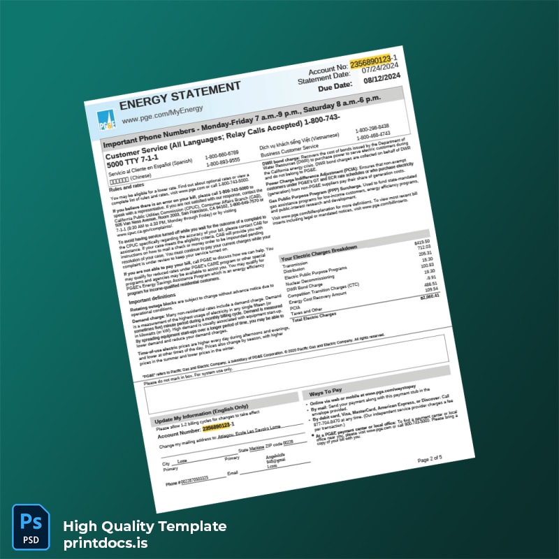 United States Pacific Gas And Electric Company Editable Utility Bill Template in Word and PDF formats page 2