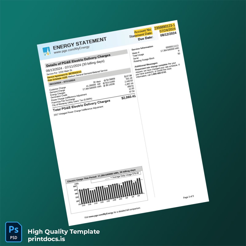 United States Pacific Gas And Electric Company Editable Utility Bill Template in Word and PDF formats page 3