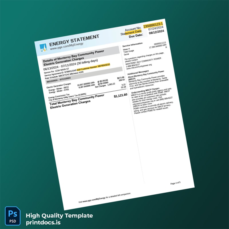 United States Pacific Gas And Electric Company Editable Utility Bill Template in Word and PDF formats page 4