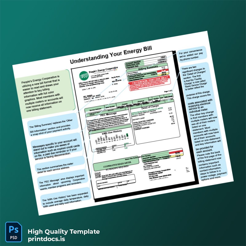 United States People S Energy Cooperative Editable Utility Bill Template in Word and PDF formats