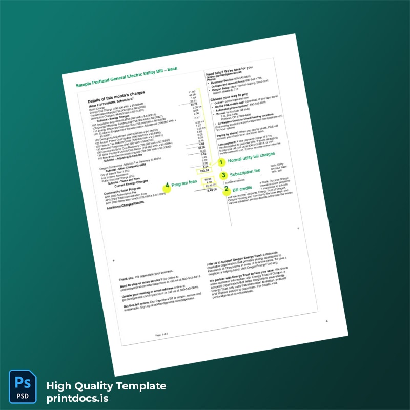United States Portland General Electric Editable Utility Bill Template in Word and PDF formats page 2