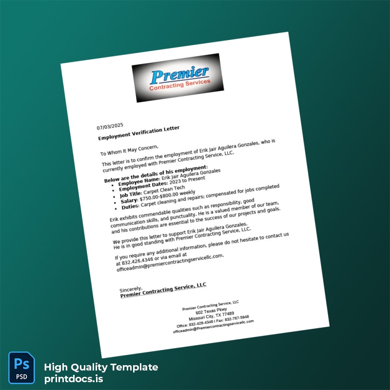 Printable United States Premier Contracting Service LLC Employment Verification Letter Template (Word & PDF) Image Preview - PrintDocs