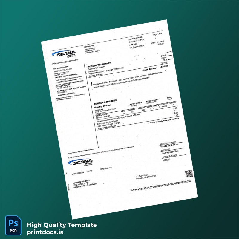 United States SCANA Energy Regulated Division Editable Utility Bill Template in Word and PDF formats