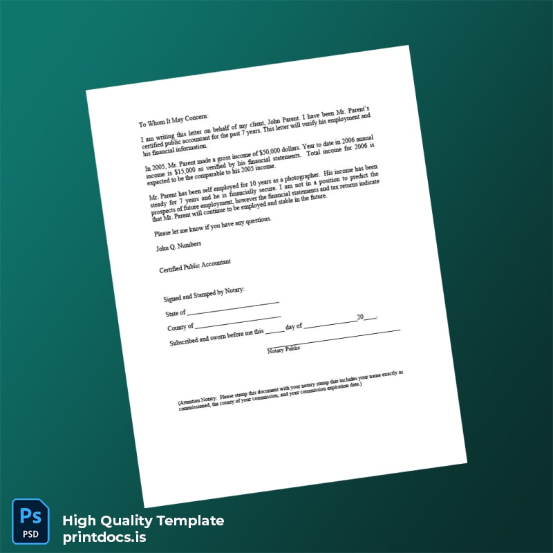 Printable United States Self Employment Verification Letter Template (Word & PDF) Image Preview - PrintDocs