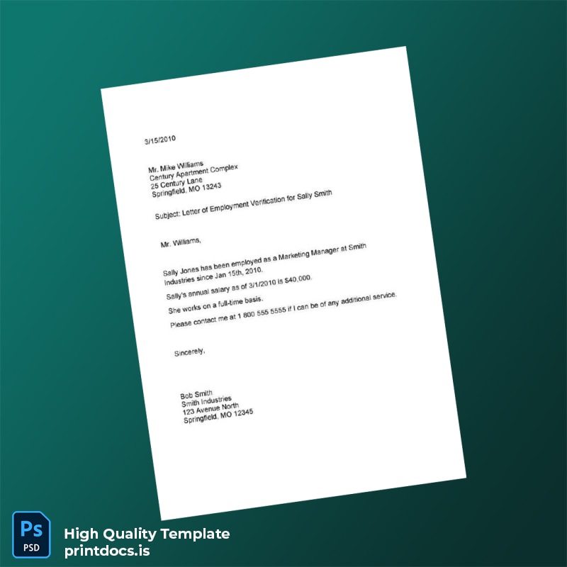 Printable United States Smith Industries Employment Verification Letter Template (Word & PDF) Image Preview - PrintDocs