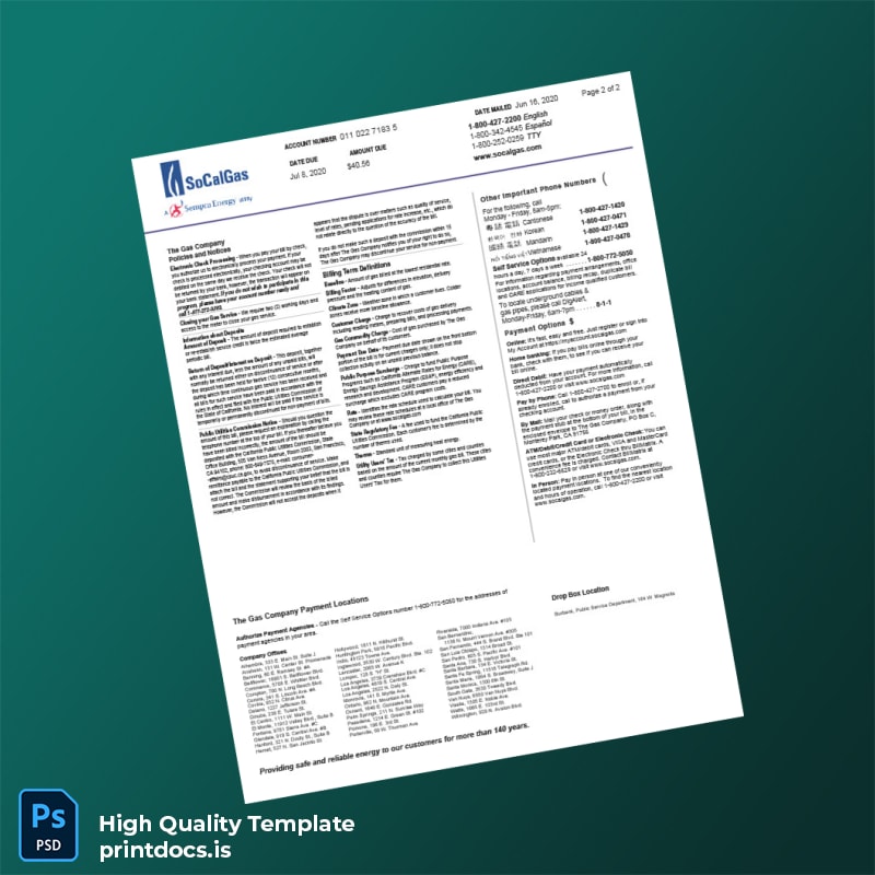 United States SoCalGas Editable Gas Bill Template in Word and PDF formats page 2