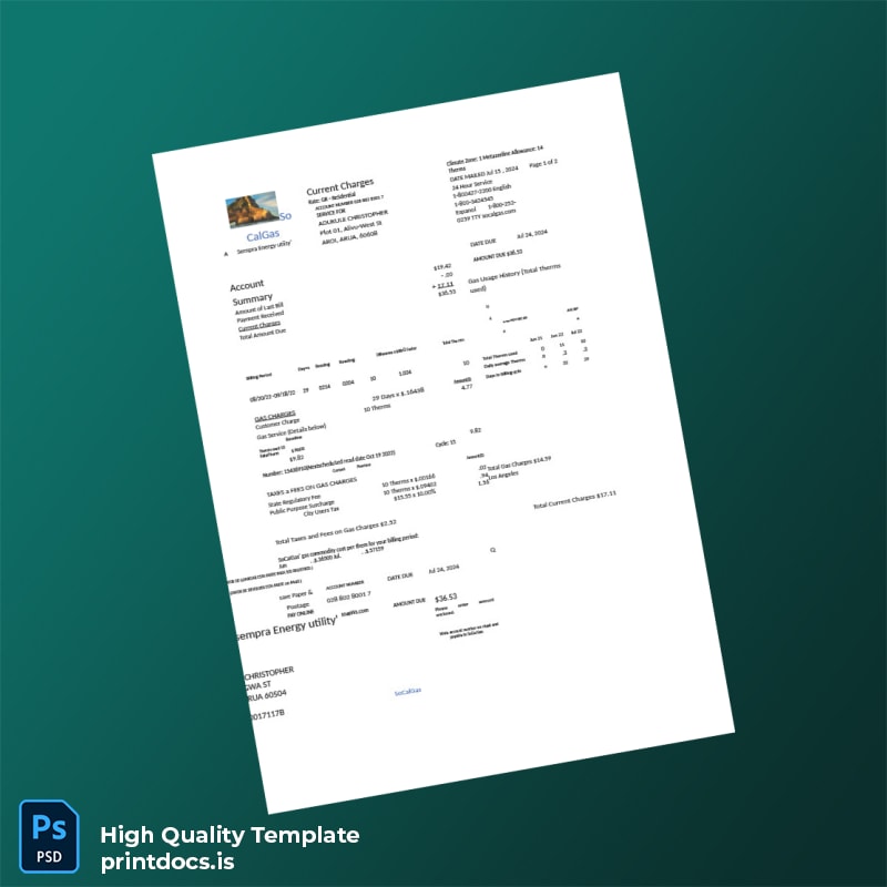 United States SoCalGas Editable Utility Bill Template in Word and PDF formats