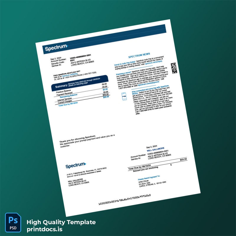United States Spectrum Editable Phone Bill Template in Word and PDF formats