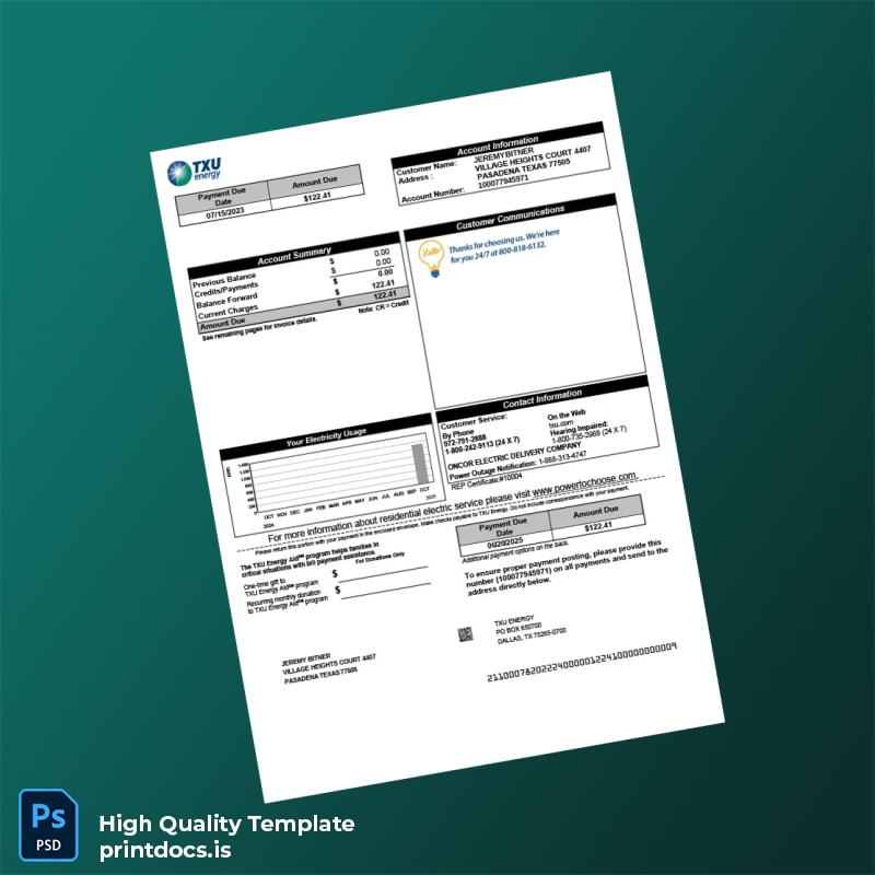 United States TXU Energy Editable Utility Bill Template in Word and PDF formats