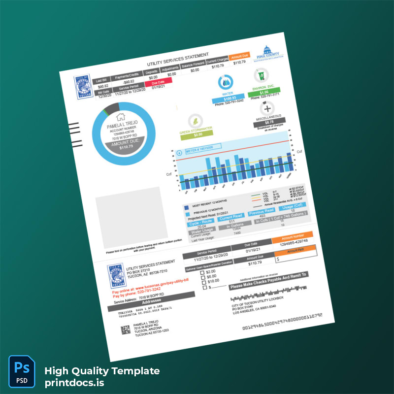United States Tucson Water Editable Utility Bill Template in Word and PDF formats