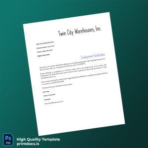 Printable United States Twin City Warehouses Inc Employment Verification Letter Template (Word & PDF) Image Preview - PrintDocs