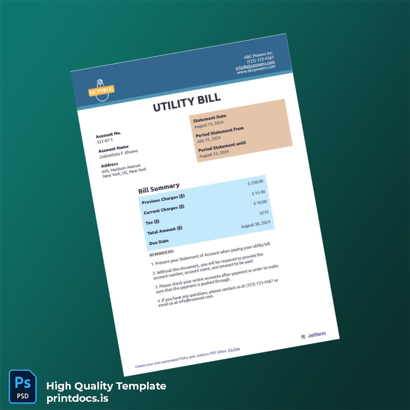 United States Unknown Editable Utility Bill Template in Word and PDF formats