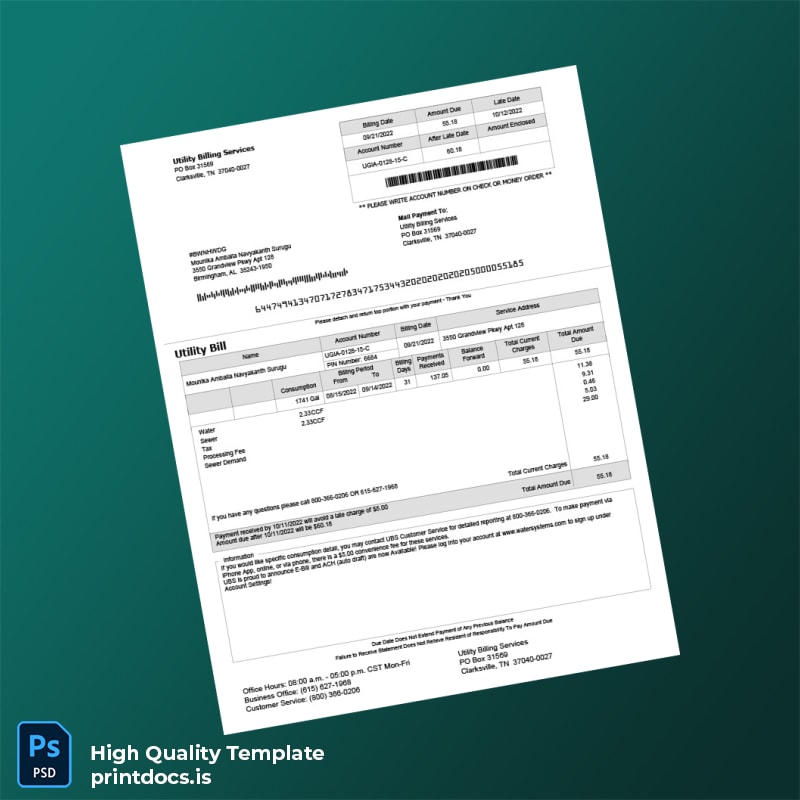 United States Utility Billing Services Editable Utility Bill Template in Word and PDF formats