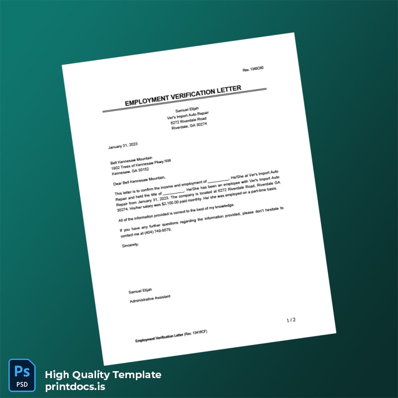 Printable United States Ver s Import Auto Repair Employment Verification Letter Template (Word & PDF) Image Preview - PrintDocs