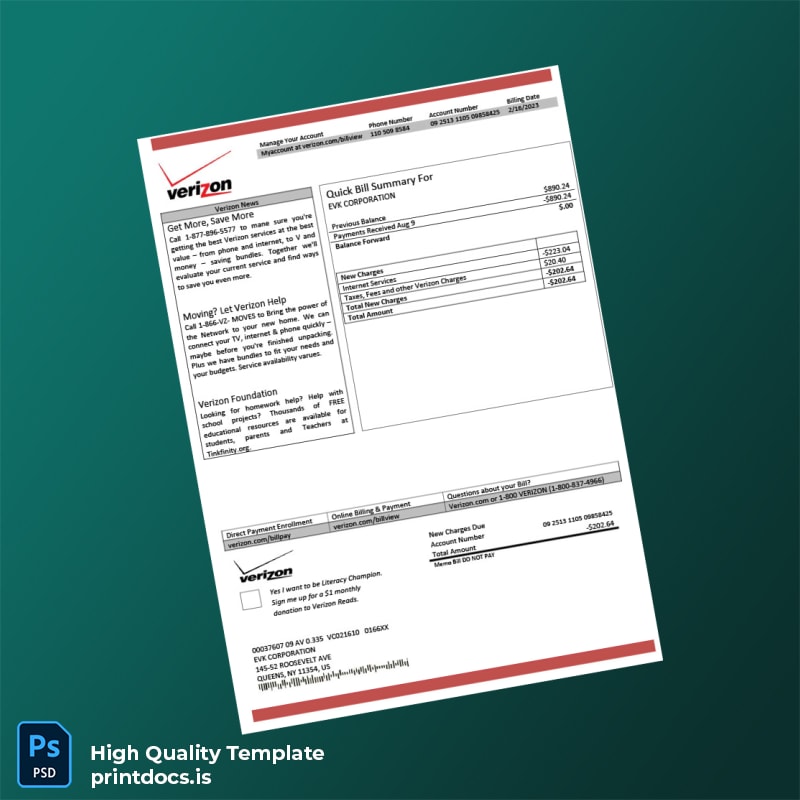 United States Verizon Editable Utility Bill Template in Word and PDF formats