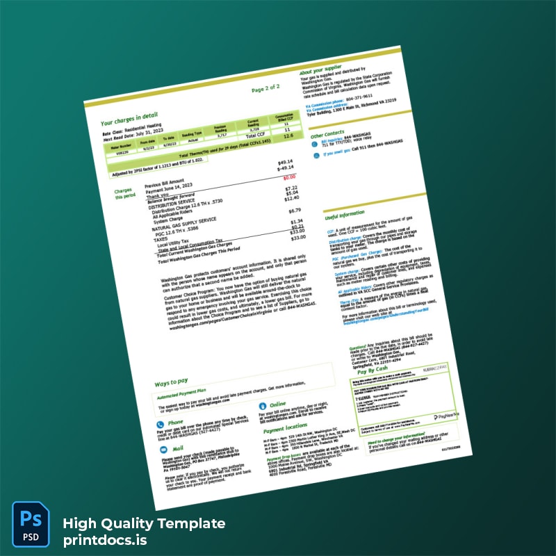 United States Washington Gas Editable Gas Bill Template in Word and PDF formats page 2