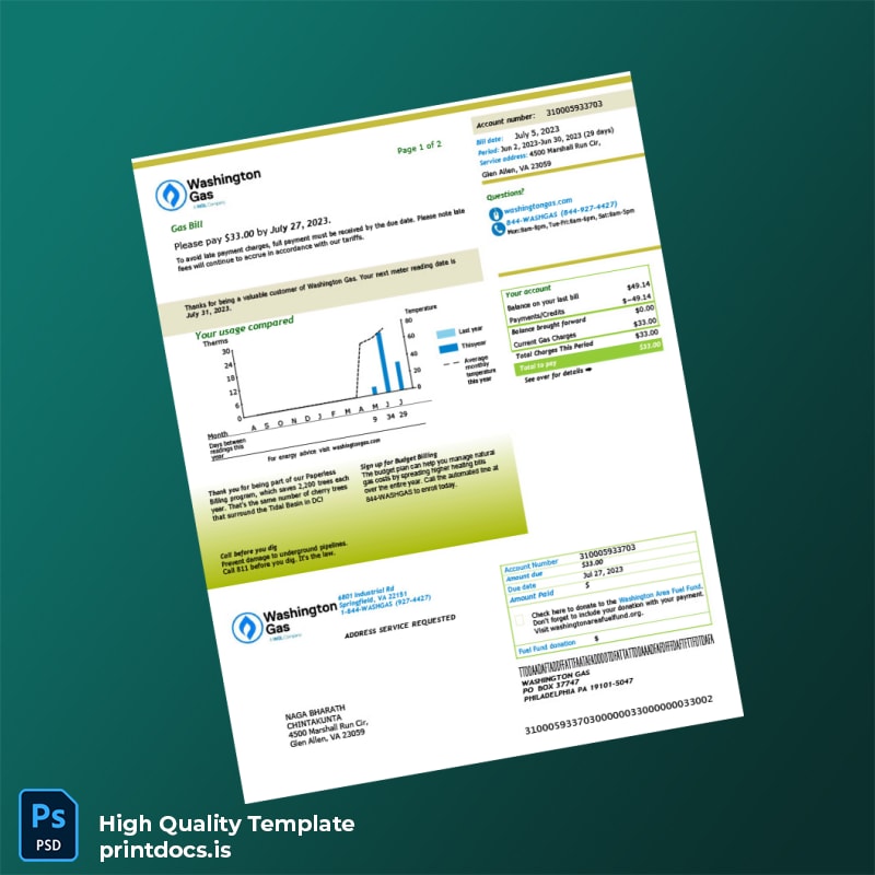 United States Washington Gas Editable Gas Bill Template in Word and PDF formats
