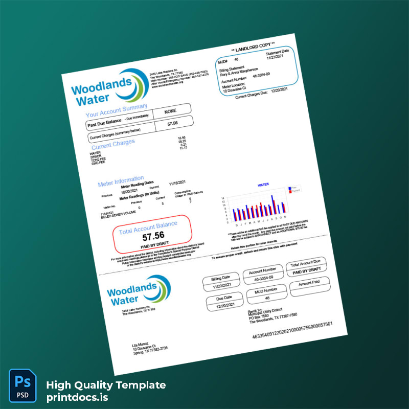 United States Woodlands Water District Editable Water Bill Template in Word and PDF formats