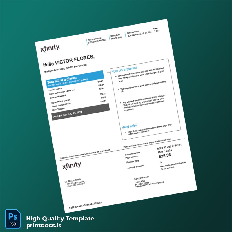United States XFINITY Editable Utility Bill Template in Word and PDF formats