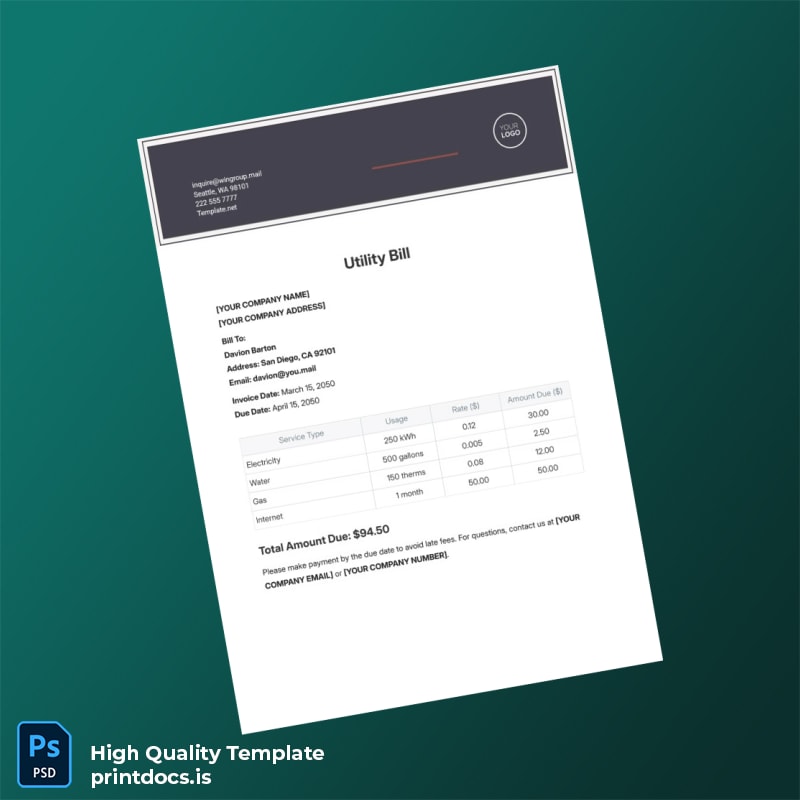 United States YOUR COMPANY NAME Editable Utility Bill Template in Word and PDF formats