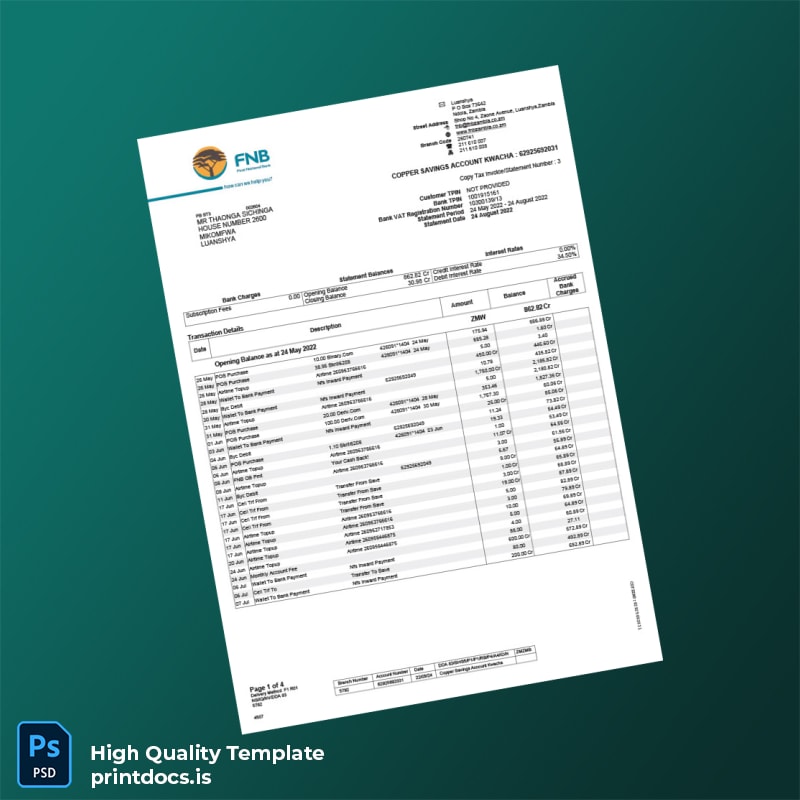 Zambia Bank Statement Template in Word and PDF formats