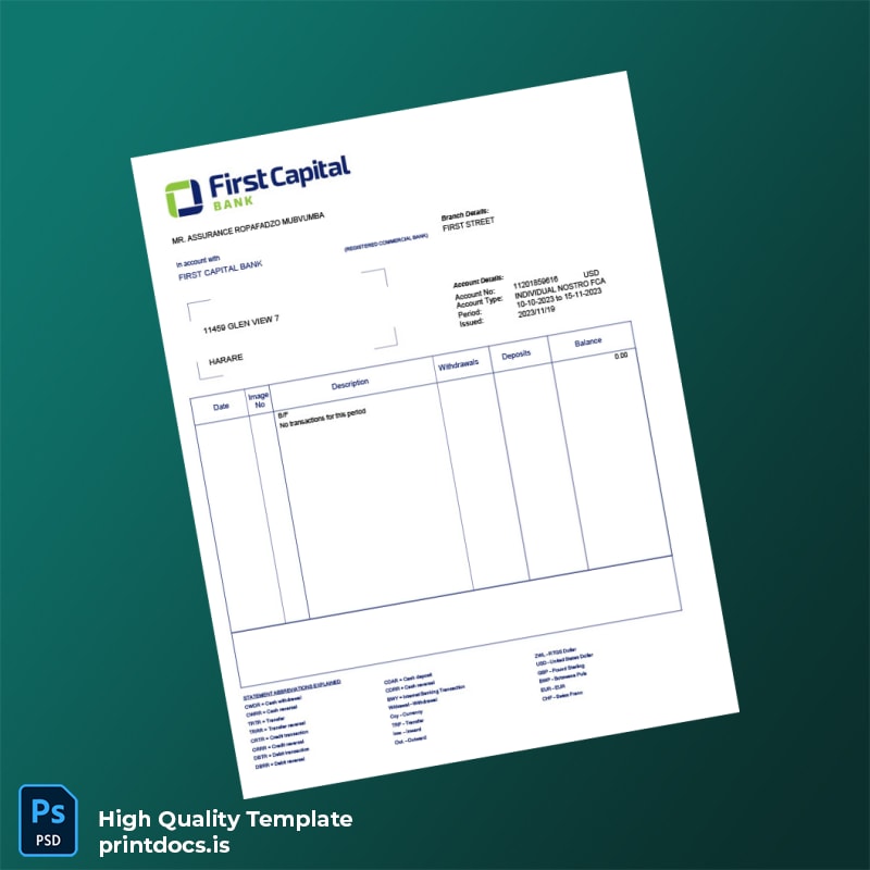 Zimbabwe First Capital Bank Bank Statement Template in Word and PDF formats