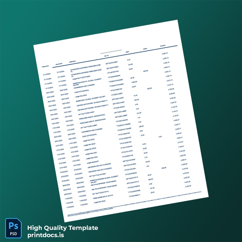 Zimbabwe Nostro FCA Domestic Retail Bank Bank Statement Template in Word and PDF formats page 2