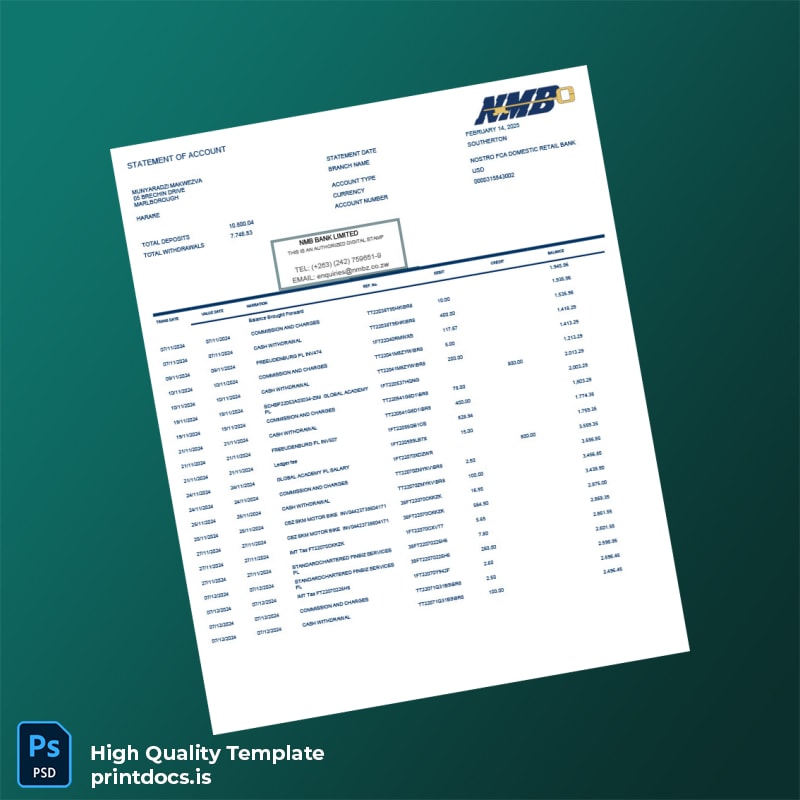 Zimbabwe Nostro FCA Domestic Retail Bank Bank Statement Template in Word and PDF formats
