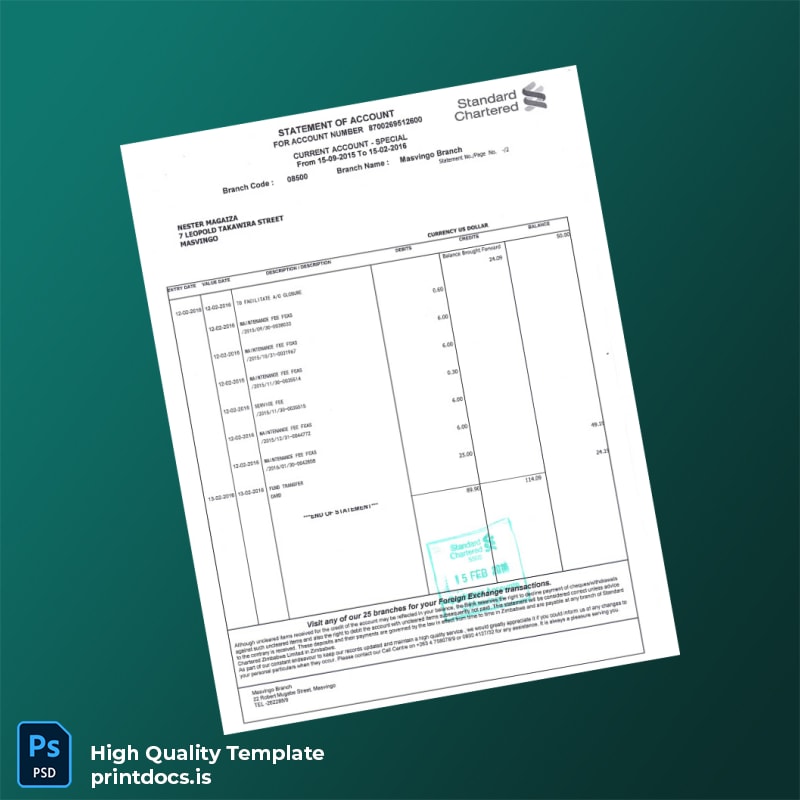 Zimbabwe Standard Chartered Bank Statement Template in Word and PDF formats page 2