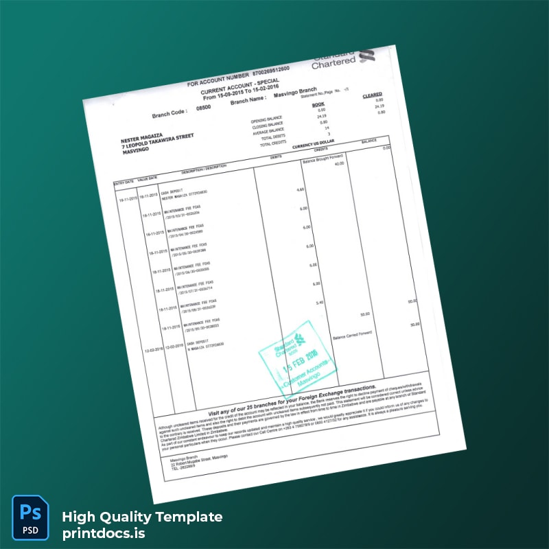 Zimbabwe Standard Chartered Bank Statement Template in Word and PDF formats