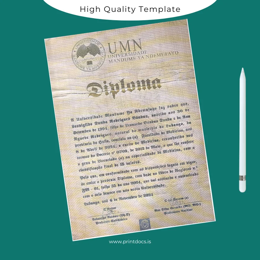 Printable Angola Universidade Mandume Ya Ndemufayo Bachelor of Medicine Diploma Template Image Preview - PrintDocs