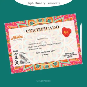 Printable Argentina Akasha Reiki Traditional 1st Level Certificate Template Image Preview - PrintDocs