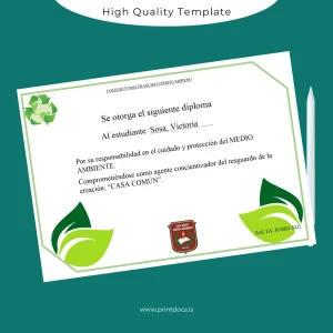 Printable Argentina Colegio N°8982 Perito Moreno Diploma in Environmental Care Template Image Preview - PrintDocs