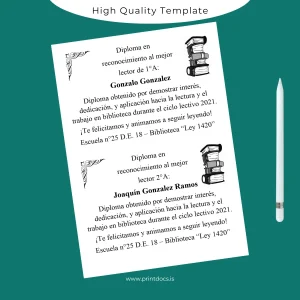 Printable Argentina Escuela N°25 Diploma for Best Reader Image Preview - PrintDocs