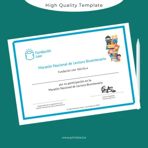 Printable Argentina Fundación Leer Participation Certificate in the Bicentennial National Reading Marathon Image Preview - PrintDocs