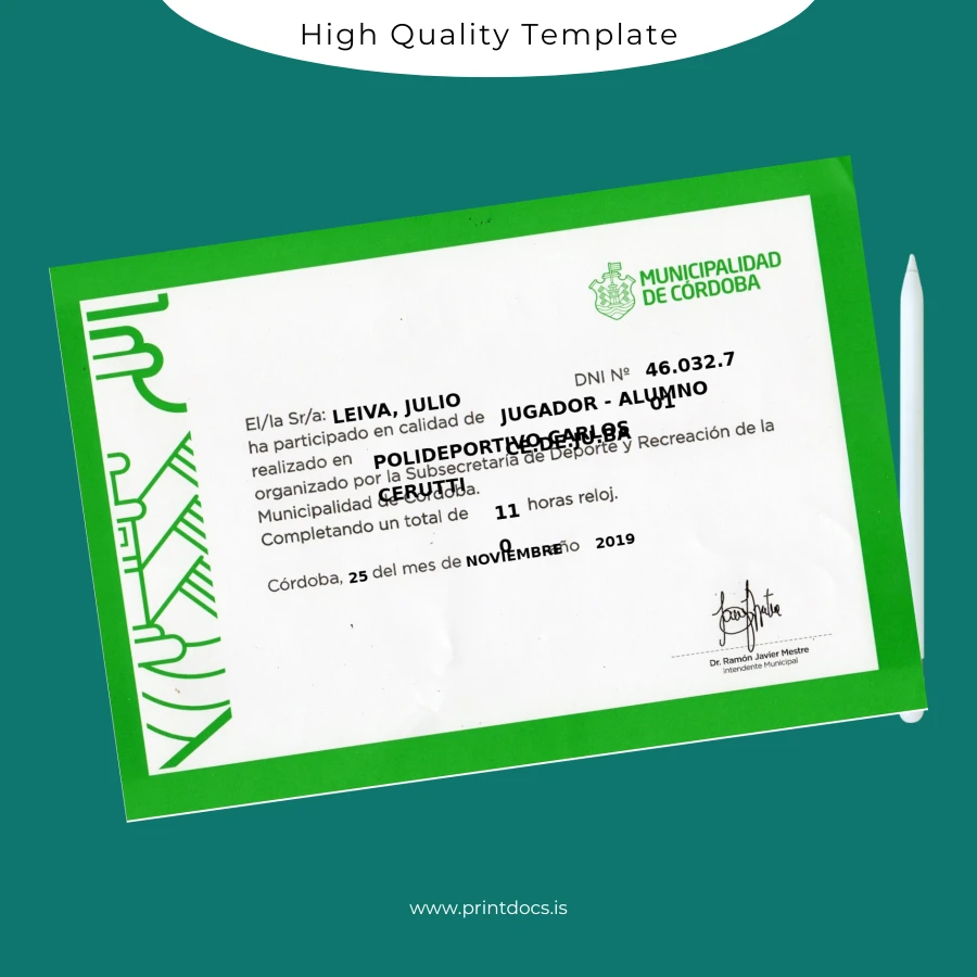 Printable Argentina Municipality of Córdoba Participation Certificate Template Image Preview - PrintDocs