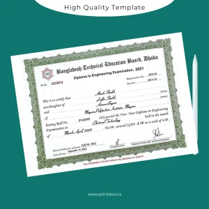 Printable Bangladesh Magura Polytechnic Institute Diploma in Engineering Certificate Image Preview - PrintDocs