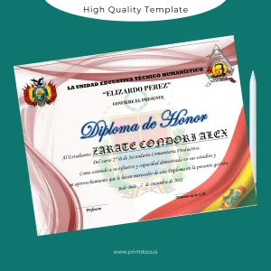 Printable Bolivia Elizardo Pérez Technical Humanistic Educational Unit Diploma Image Preview - PrintDocs