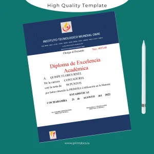 Printable Bolivia Instituto Tecnológico Mundial OMIE Academic Excellence Diploma Template Image Preview - PrintDocs