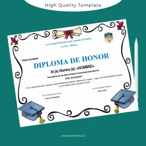 Printable Bolivia Unidad Educativa San Antonio de Padua Diploma of Honor Certificate Image Preview - PrintDocs