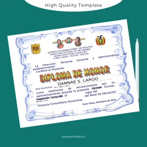 Printable Bolivia Unidad Educativa _Juan XXIII_ Honor Diploma Image Preview - PrintDocs