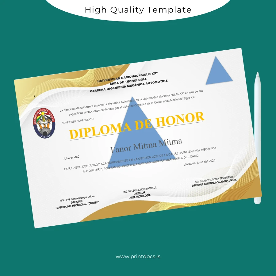 Printable Bolivia Universidad Nacional _Siglo XX_ Honor Diploma Template Image Preview - PrintDocs