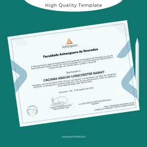 Printable Brazil Anhanguera Faculty Bachelor of Psychology Diploma Template Image Preview - PrintDocs