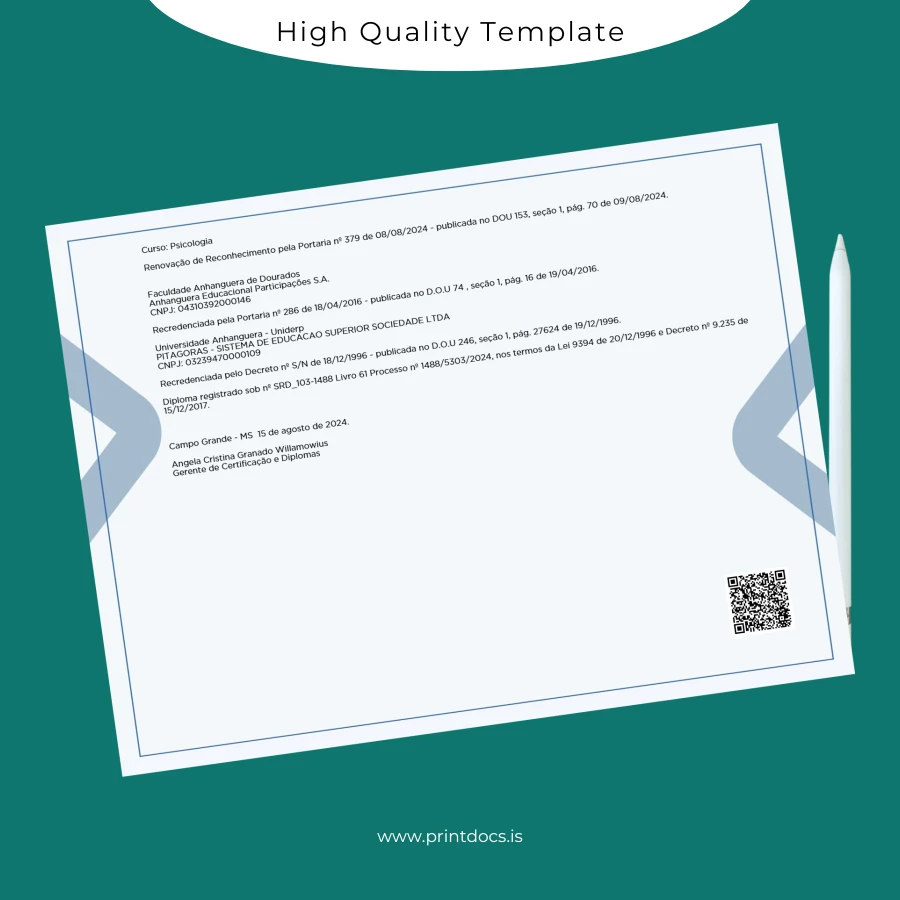 Printable Brazil Anhanguera Faculty Bachelor of Psychology Diploma Template page 2 Image Preview - PrintDocs