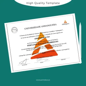 Printable Brazil Anhanguera University Bachelor of Administration Degree Certificate Image Preview - PrintDocs