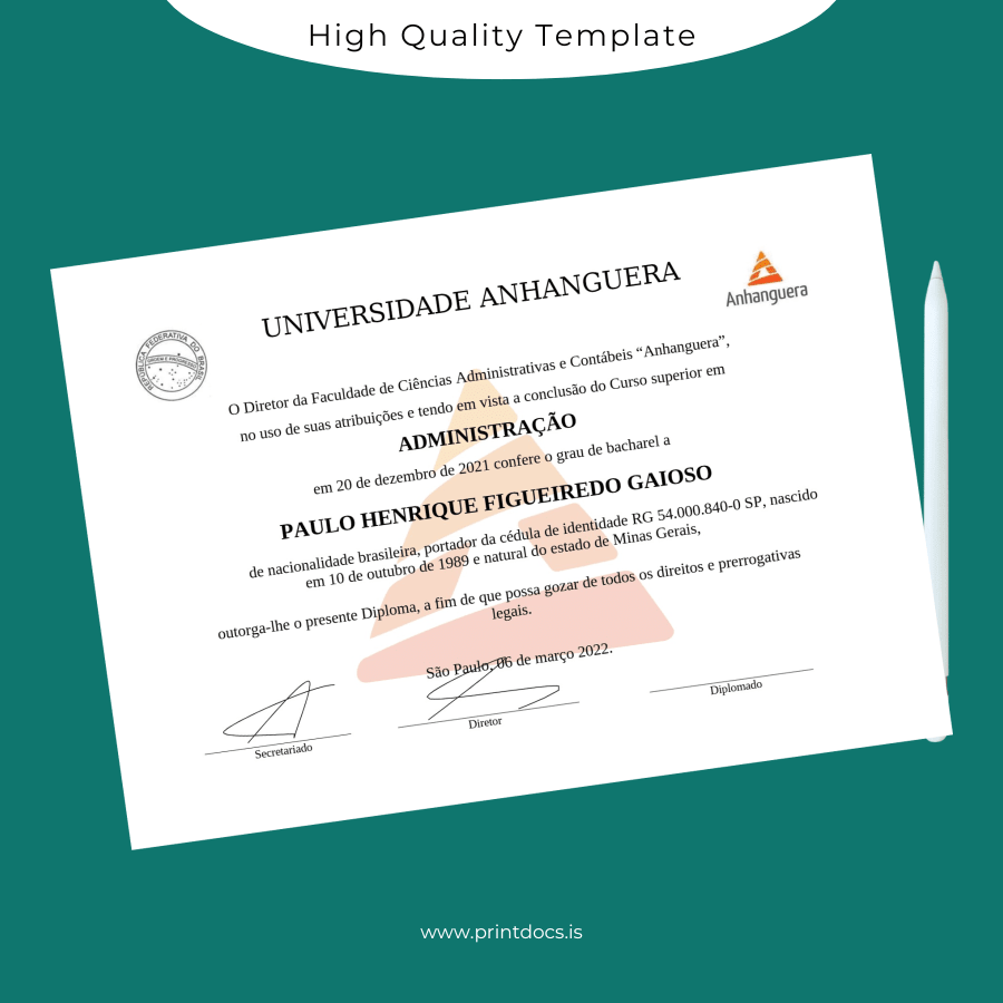 Printable Brazil Anhanguera University Bachelor's Degree in Administration Template Image Preview - PrintDocs