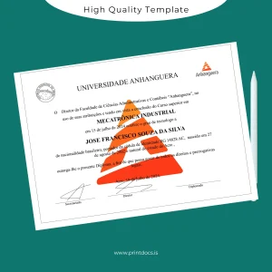 Printable Brazil Anhanguera University Technologist in Industrial Mechatronics Diploma Image Preview - PrintDocs