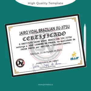 Printable Brazil Brazil Jairo Vidal Brazilian Jiu-Jitsu Black Belt Certificate Image Preview - PrintDocs