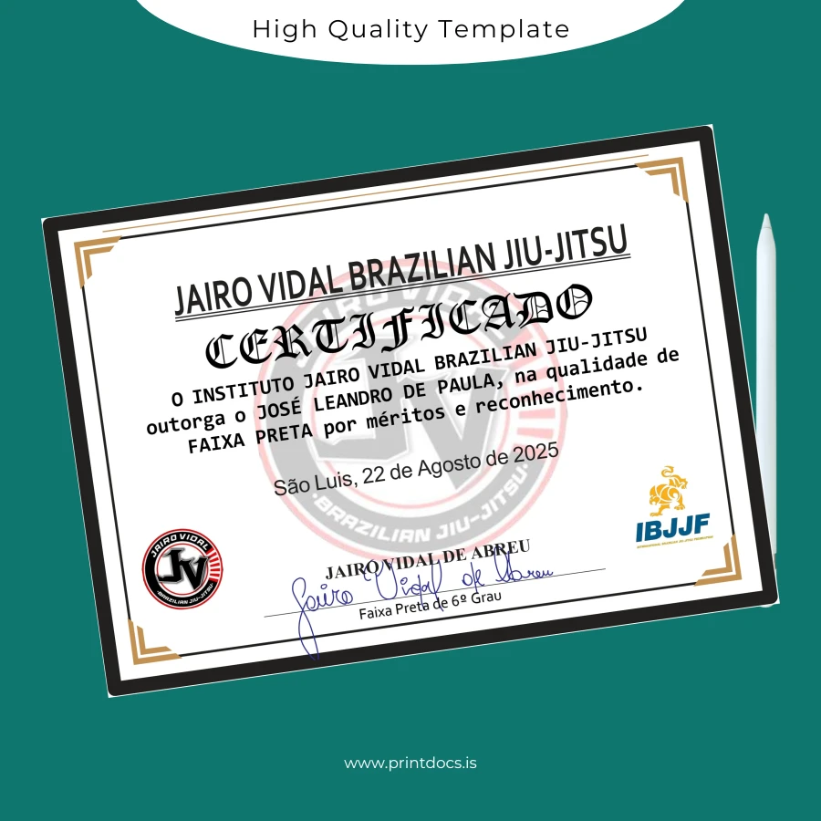Printable Brazil Brazil Jairo Vidal Brazilian Jiu-Jitsu Black Belt Certificate Image Preview - PrintDocs